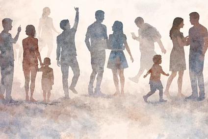 People of different age and gender are interacting with each other while children are running around.