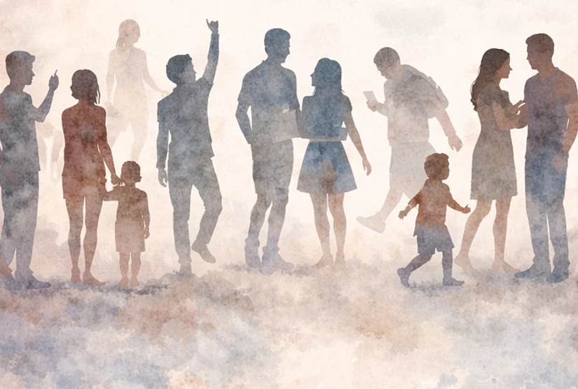 People of different age and gender are interacting with each other while children are running around.