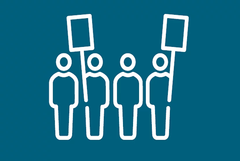 symbol of four people holding two signs at a protest