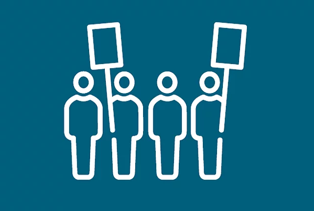 symbol of four people holding two signs at a protest
