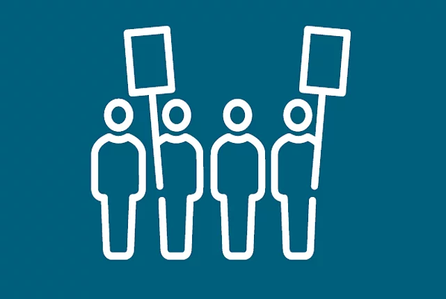 symbol of four people holding two signs at a protest