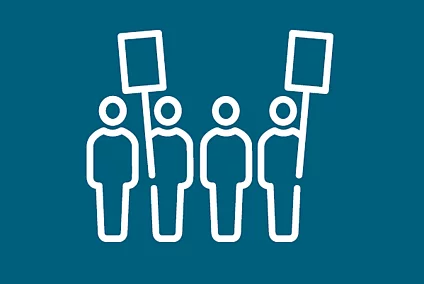 symbol of four people holding two signs at a protest