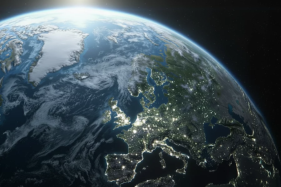 View of Earth's curvature showing North America, Atlantic Ocean, and Europe from space against black background