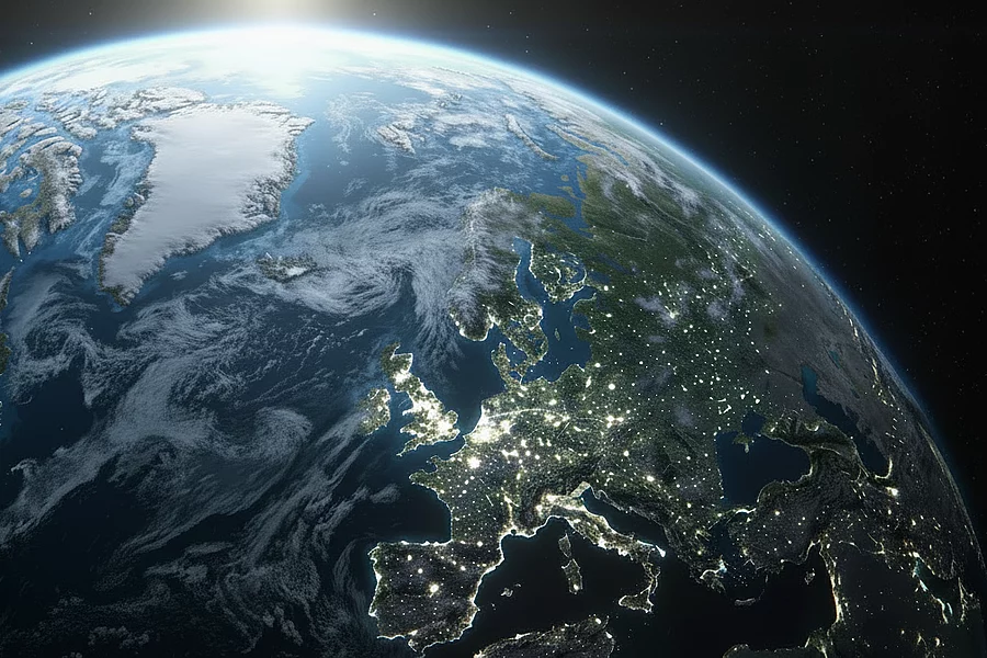 View of Earth's curvature showing North America, Atlantic Ocean, and Europe from space against black background