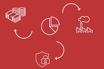 white icons on red background showing money, a factory, a pie chart and a lock