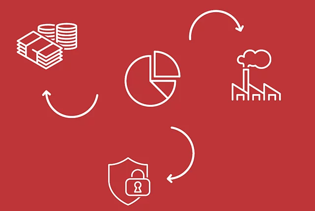 white icons on red background showing money, a factory, a pie chart and a lock